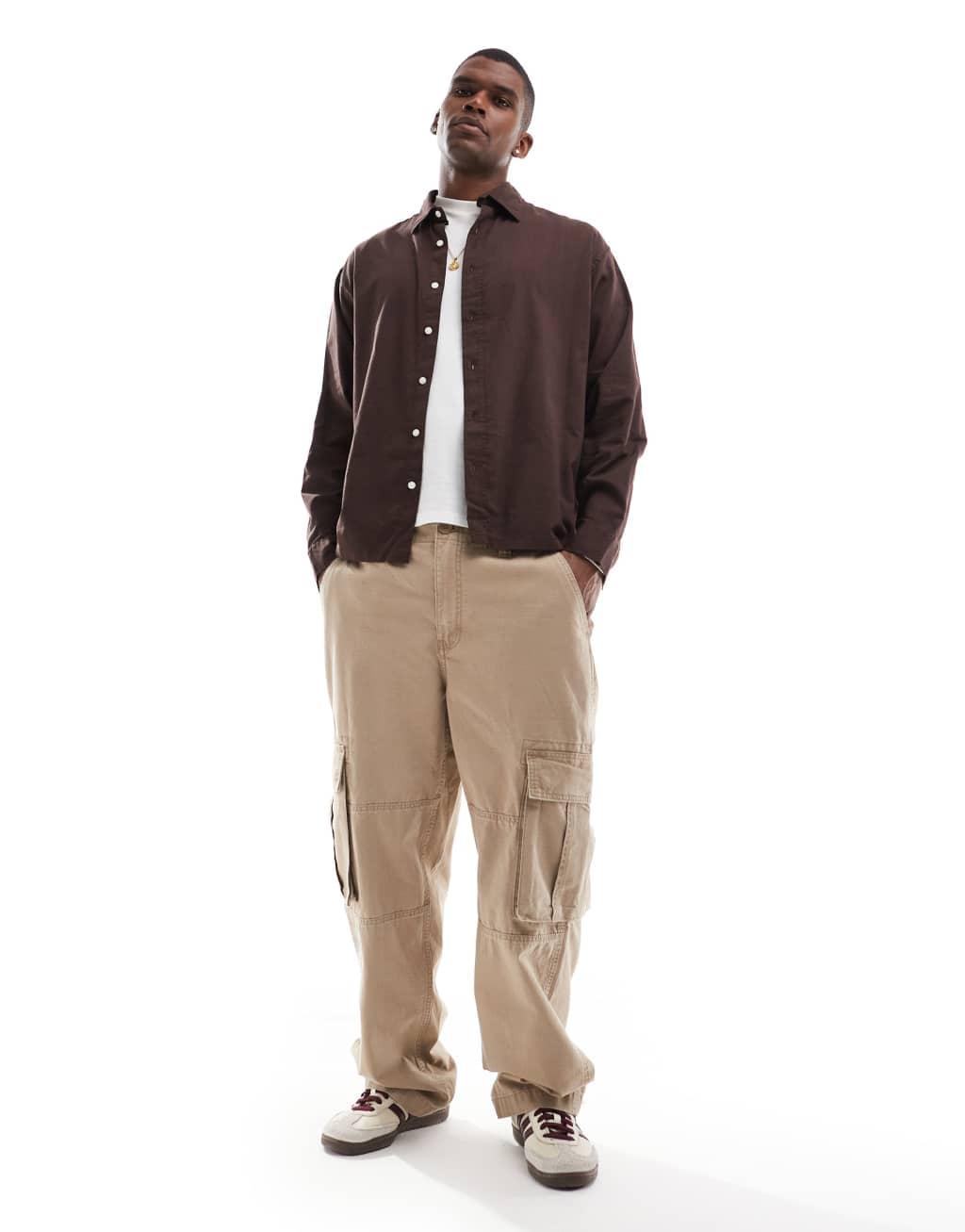 Jack & Jones boxy straight hem shirt in brown Product Image