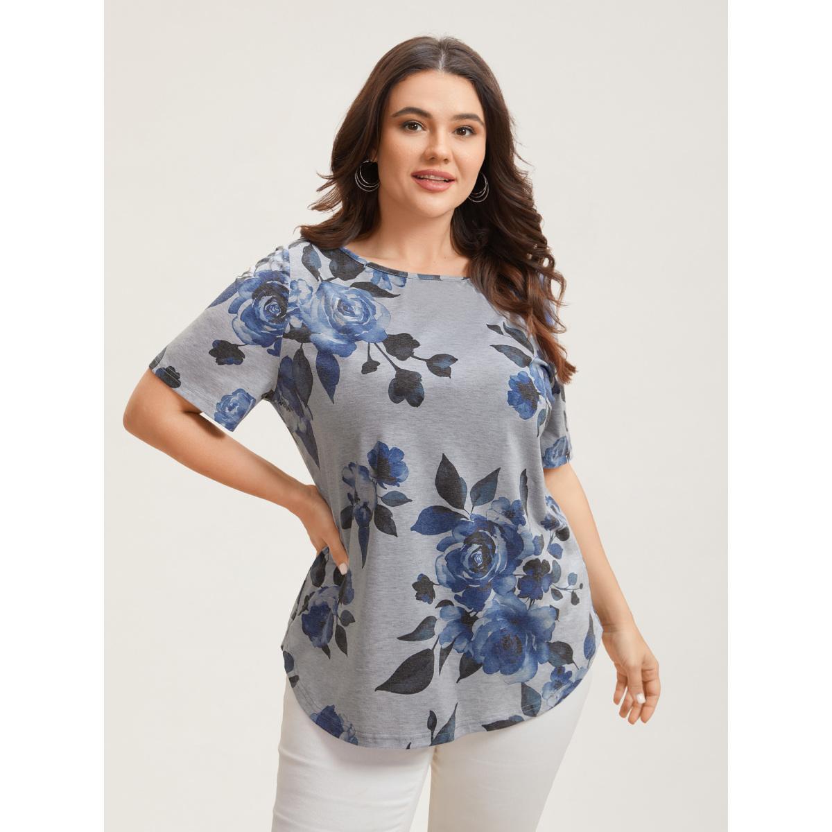 Plus Size Floral Print Round Neck Fitted T-Shirt DarkGray Women Leisure Non Natural Flowers Boat Neck Casual T-shirts BloomChic 28/5X Product Image