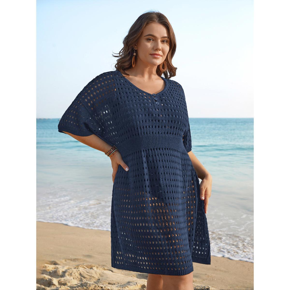 Plus Size Cut-Out Waist-Cinched Button Swim Cover-Up Women's Swimwear Black Resort Loose Cut-Out Curve Swim Cover Ups BloomChic 26/4X Product Image