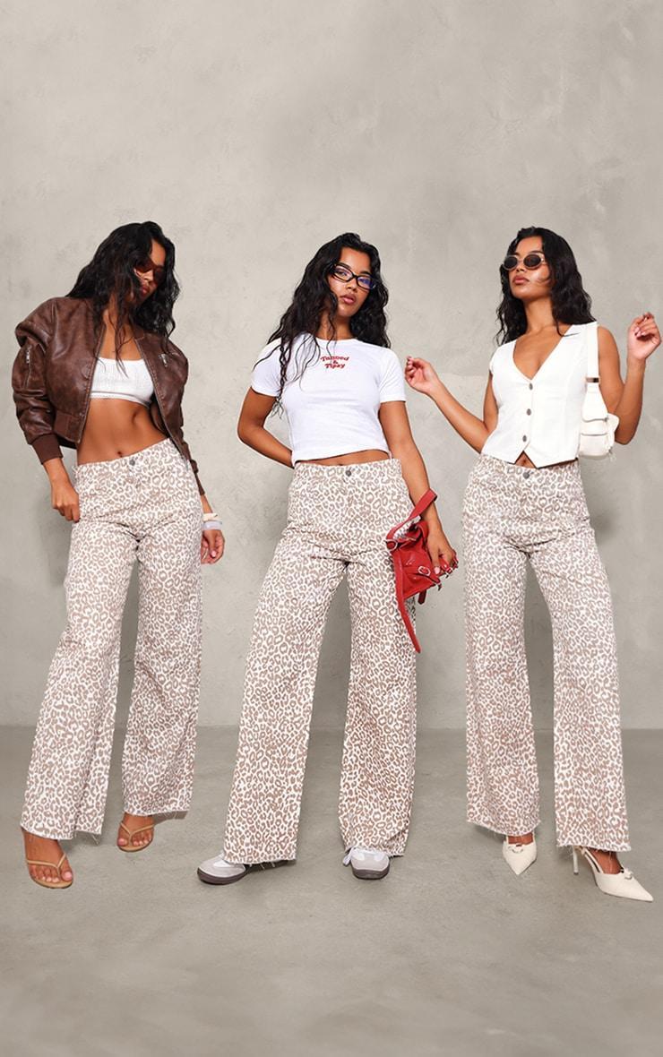 Beige Leopard Print Wide Leg Jeans Product Image