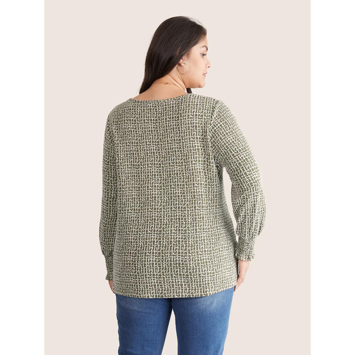 Plus Size Rib Knit Shirred Texture V Neck T-shirt Green Women Casual Texture Plain V-neck Dailywear T-shirts BloomChic 12/L Product Image