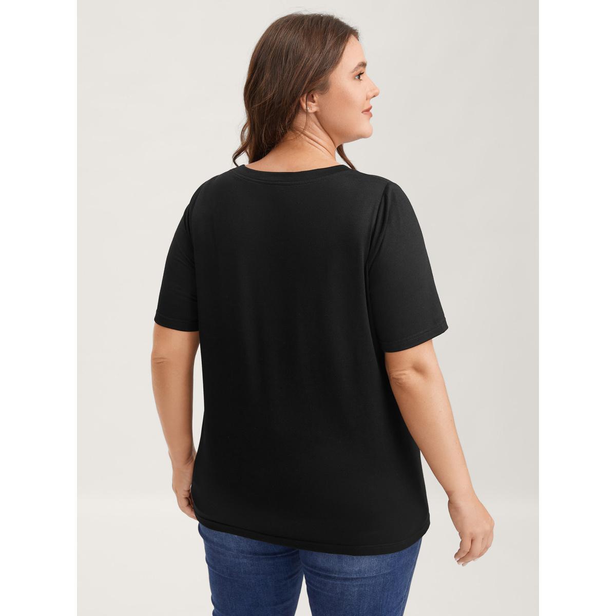 Plus Size Laser Cut-Out Neck Solid T-Shirt Black Women Cut-Out Round Neck Everyday-Casual T-shirts BloomChic 18-20/2X Product Image