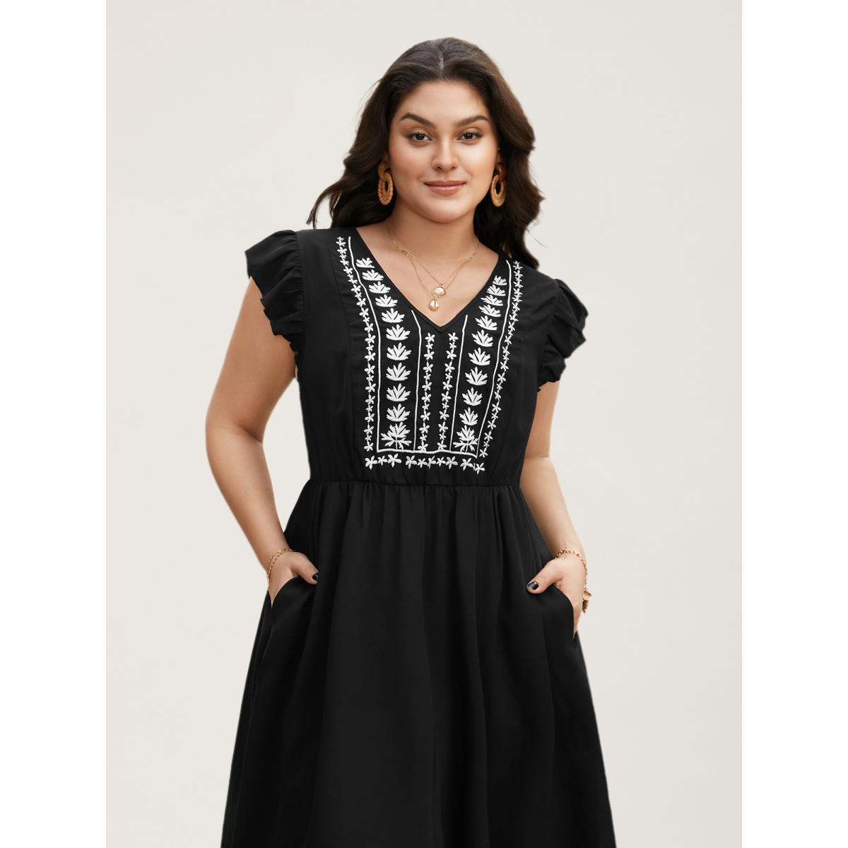Plus Size Floral Embroidered V Neck Ruffle Cap Sleeve Dress Black Women Boho Embroidered V-neck Cap Sleeve Curvy BloomChic 14-16/1X Product Image
