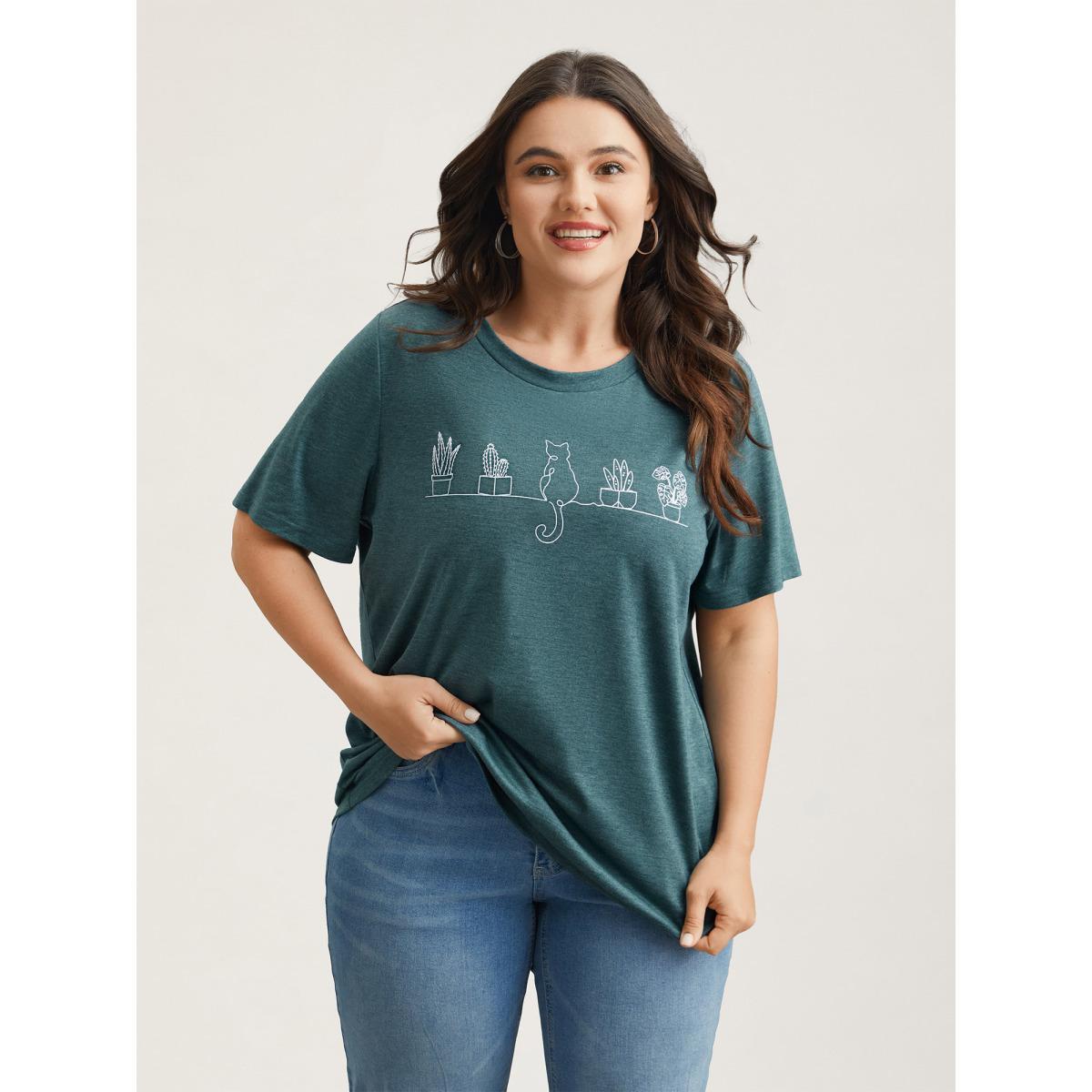 Plus Size Cat Print Crew Neck Stretchy T-Shirt DarkGreen Women Leisure Non Art&design Round Neck Casual T-shirts BloomChic 14-16/1X Product Image