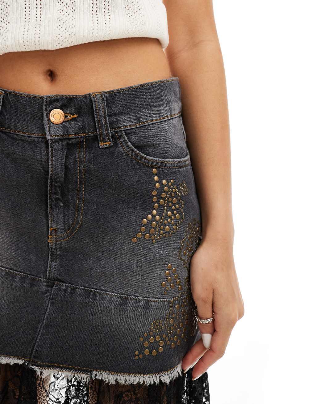 Reclaimed Vintage festival rhinestone mini skirt with lace detail Product Image