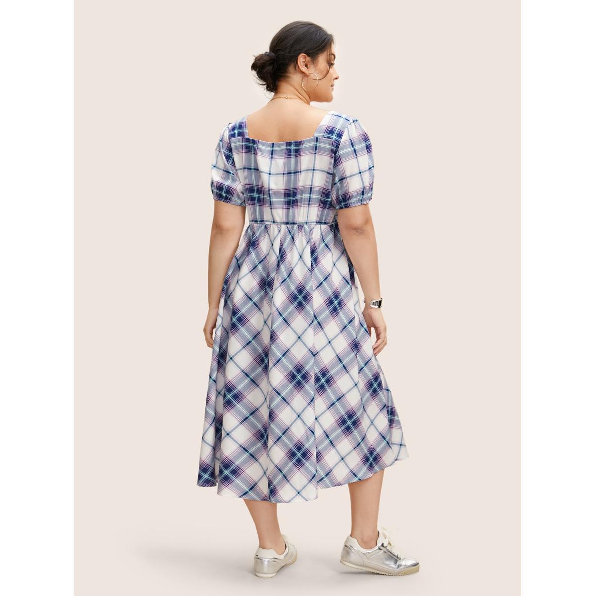 Plus Size Square Neck Plaid Gathered Puff Sleeve Dress DarkBlue Women Casual Gathered Square Neck Short sleeve Curvy BloomChic 18-20/2X Product Image