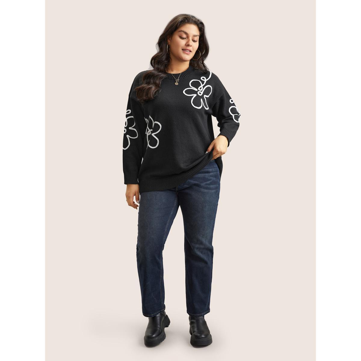 Plus Size Supersoft Essentials Floral Embroidered Crew Neck Pullover Black Women Casual Loose Long Sleeve Round Neck Everyday Pullovers BloomChic 30/6X Product Image