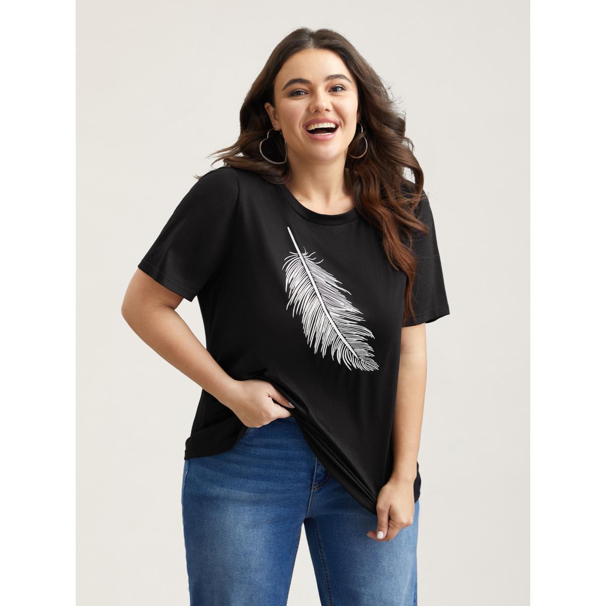 Plus Size Stretchy Feather Print Round Neck T-Shirt Black Women Casual Non Art&design Round Neck Everyday T-shirts BloomChic 22-24/3X Product Image