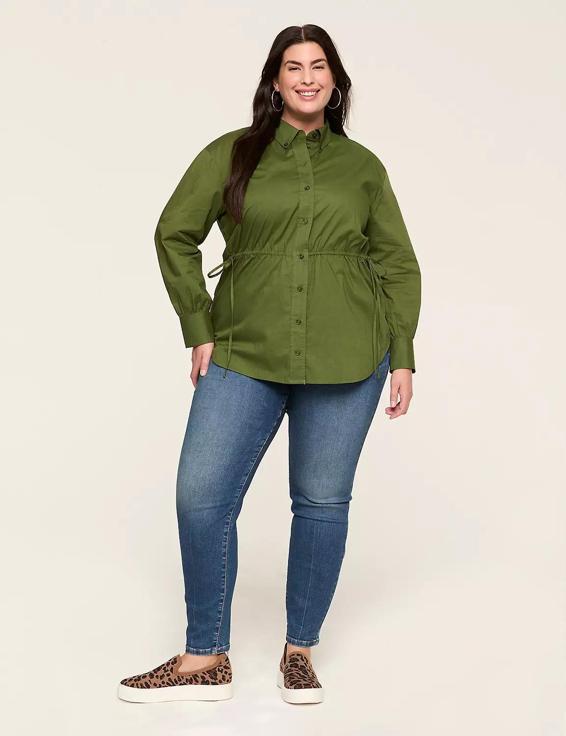 Relaxed Button-Down Waist-Detail Tunic Shirt Product Image