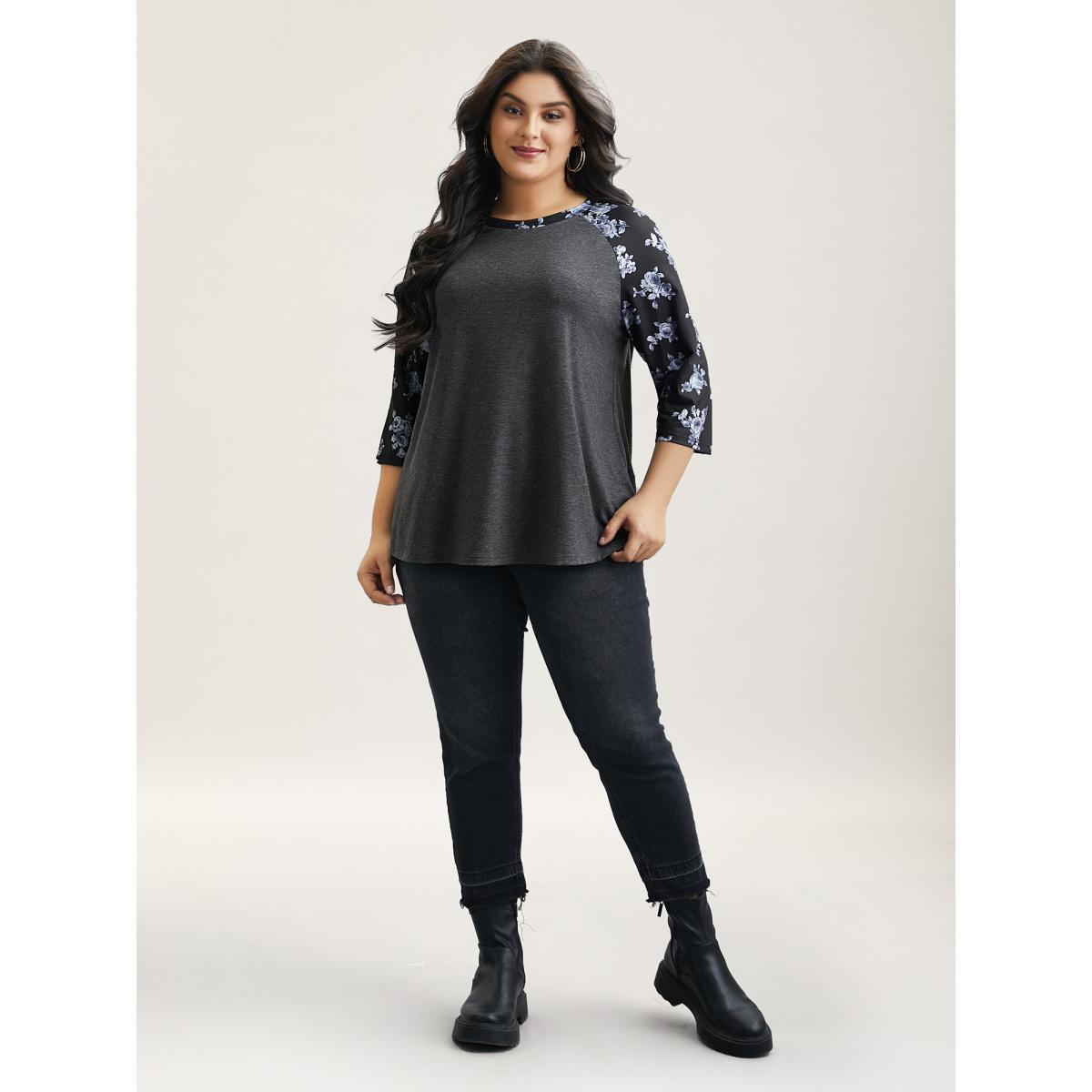 Plus Size Floral Sleeve Round Neck Flared T-Shirt DimGray Women Casual Contrast Natural Flowers Round Neck Everyday T-shirts BloomChic 18-20/2X Product Image