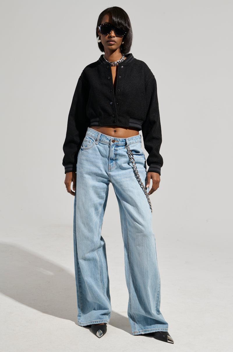 DAVIS EVERYDAY CROPPED VARSITY BOMBER IN BLACK Product Image