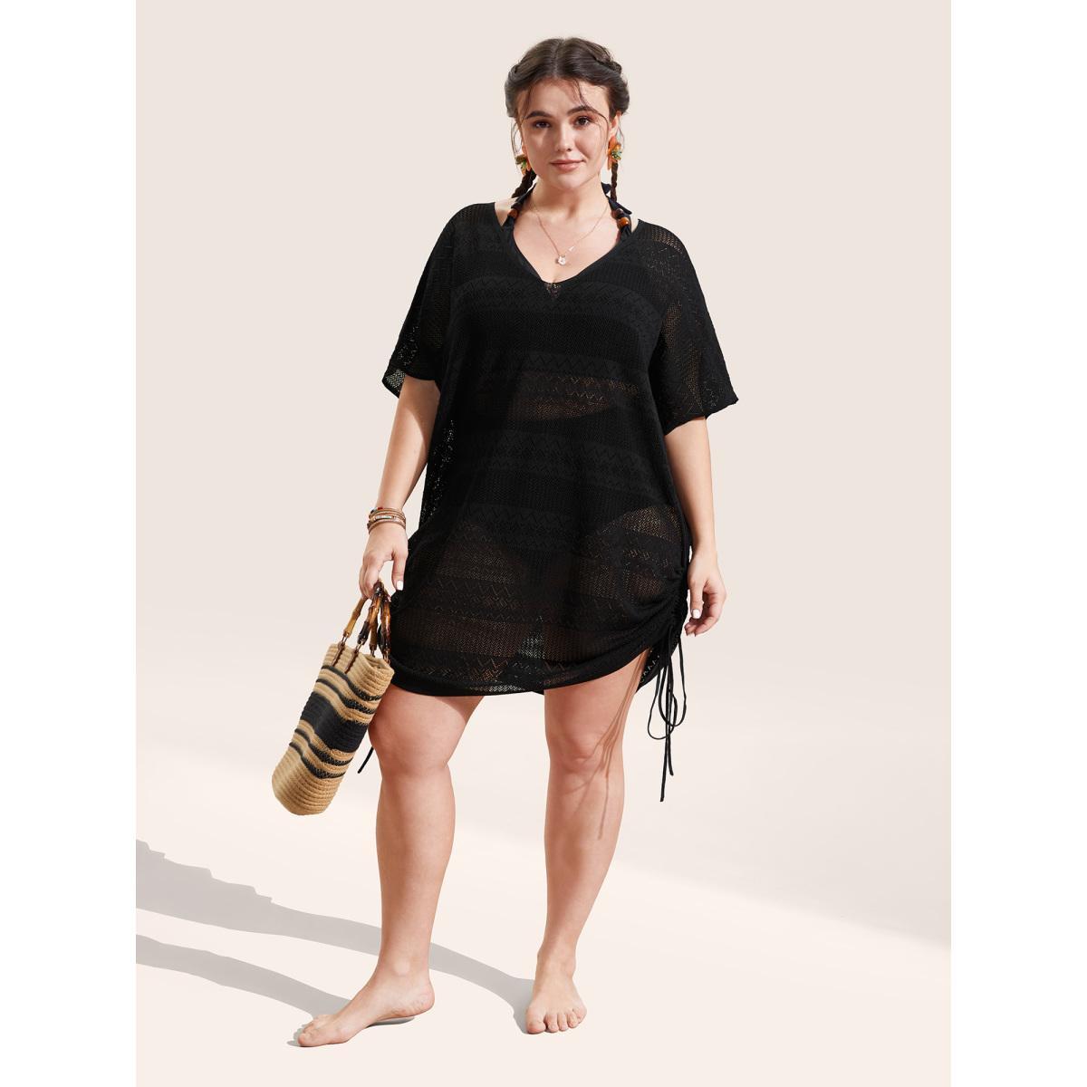Plus Size Deep V Neck Cut Out Drawstring Swim Cover Up Women's Swimwear Black Resort Loose Cut-Out Curve Swim Cover Ups BloomChic 22-24/3X Product Image