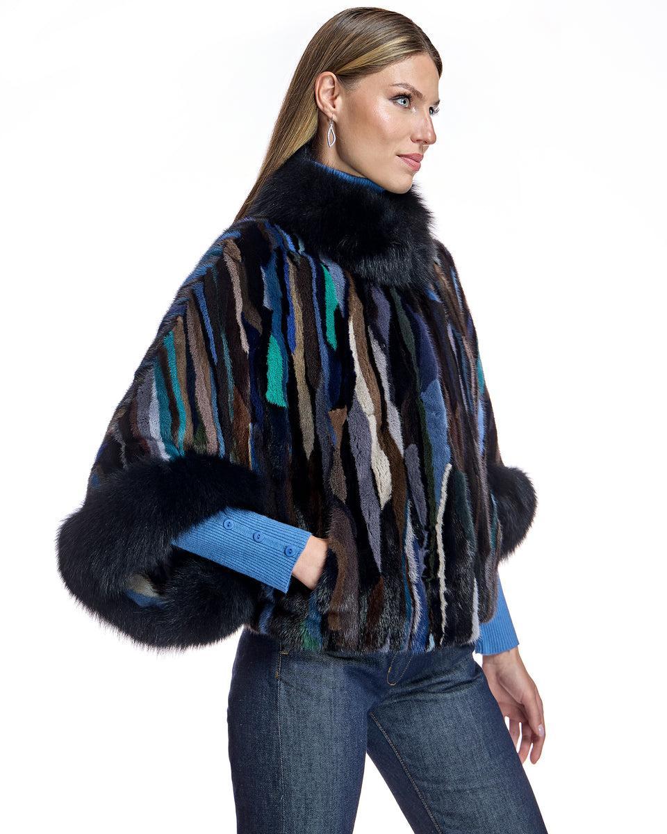 Semi Sheared Mink Section Cape with Fox Trim Product Image