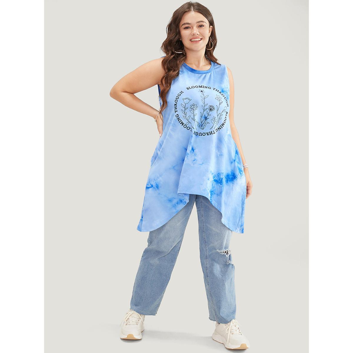 Plus Size Floral & letter Print Asymmetrical Hem Tie Dye Tank Top Women LightBlue Casual Printed Dailywear Tank Tops Camis BloomChic 18-20/2X Product Image