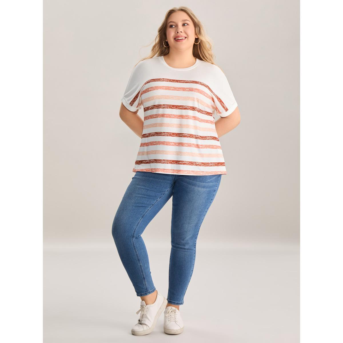 Plus Size Colorful Stripes Stretchy Crewneck T-Shirt WhiteSmoke Women Contrast Round Neck Everyday-Casual T-shirts BloomChic 10/M Product Image