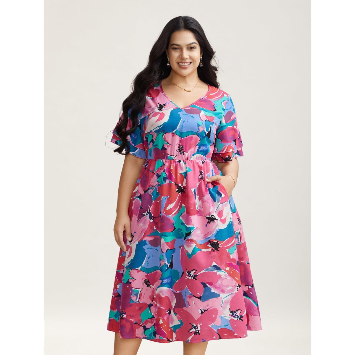 Plus Size Multi-Color Floral V-Neck Pockets Midi Dress Skyblue Women Elegant Ruffles V-neck Short sleeve Curvy BloomChic 12/L Product Image