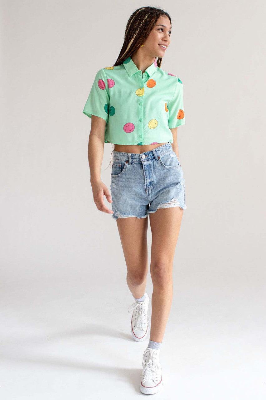 Green Smiley Cropped Button Up Shirt Product Image