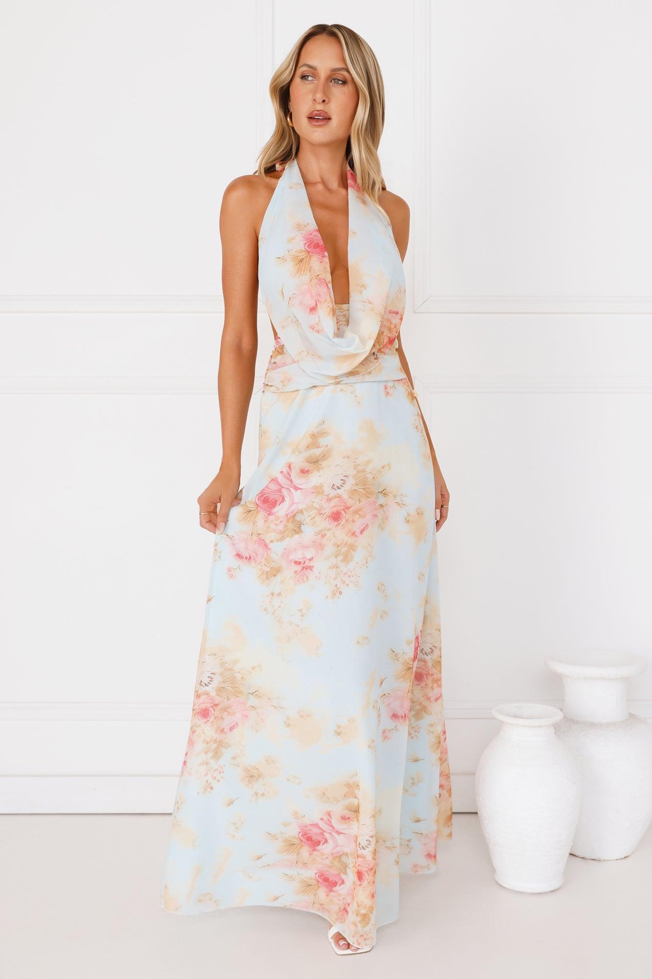 Dreamy Petals Halter Maxi Dress Blue Product Image
