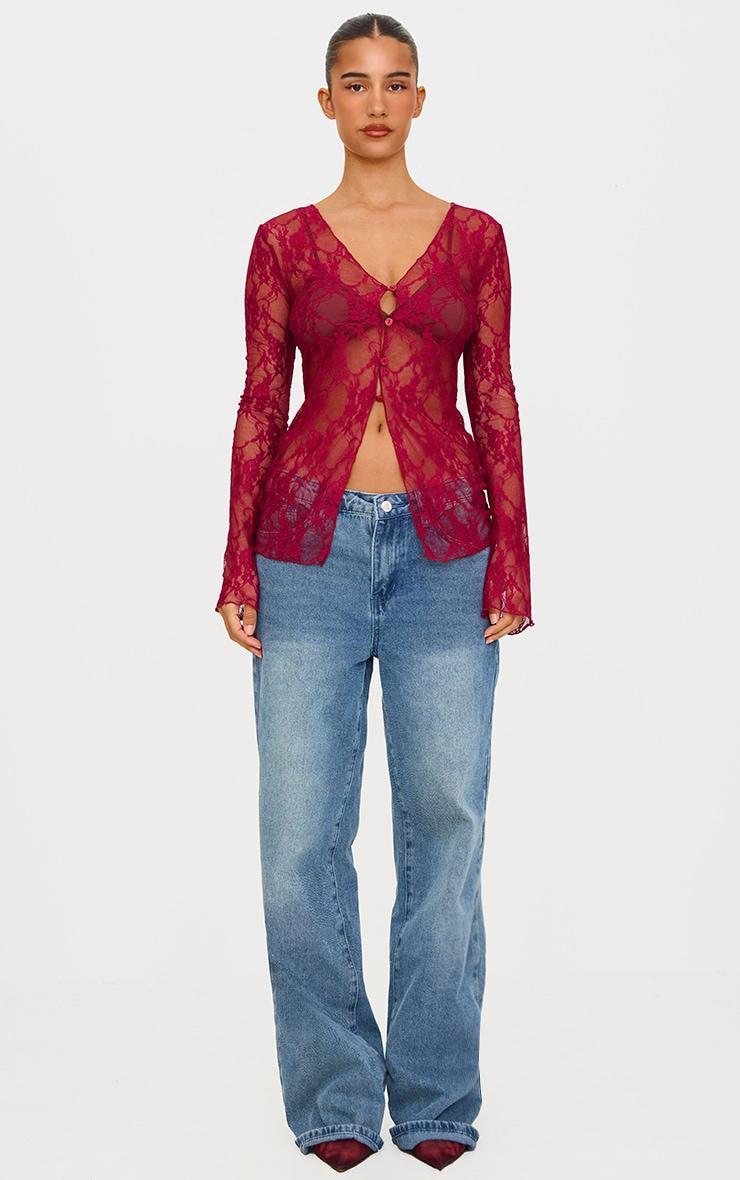 Burgundy Lace Button Flare Sleeve Shirt Product Image