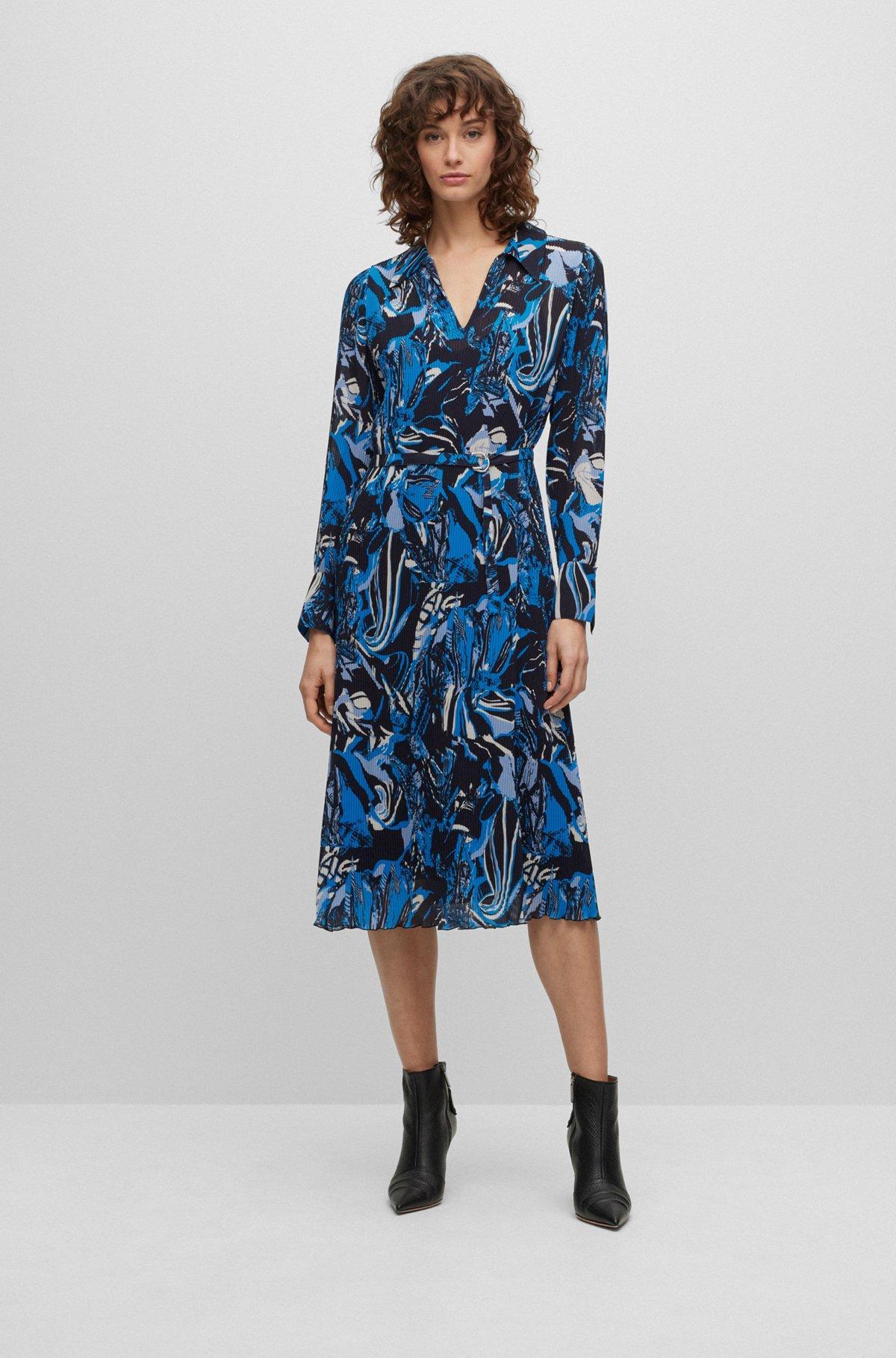 Seasonal-print dress with belt and V neckline Product Image