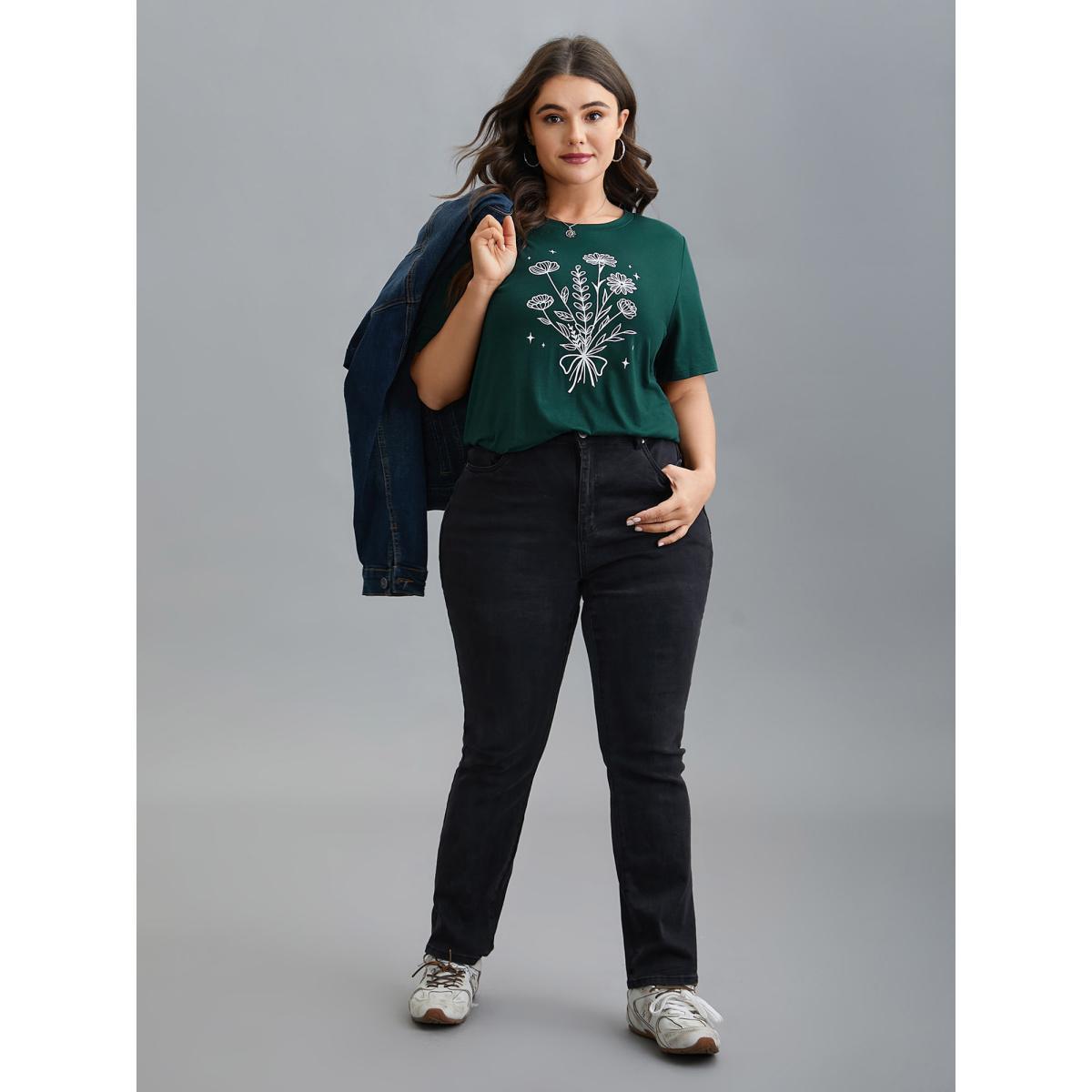 Plus Size Floral Motif Round Neck Fitted T-Shirt DarkGreen Women Casual Non Natural Flowers Round Neck Everyday T-shirts BloomChic 14-16/1X Product Image