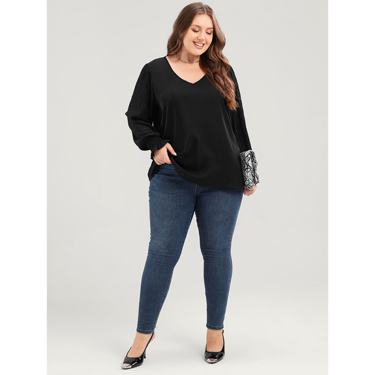 Plus Size Black Solid V Neck Puff Sleeve Blouse Women Elegant Long Sleeve V-neck Dailywear Blouses BloomChic 22-24/3X Product Image