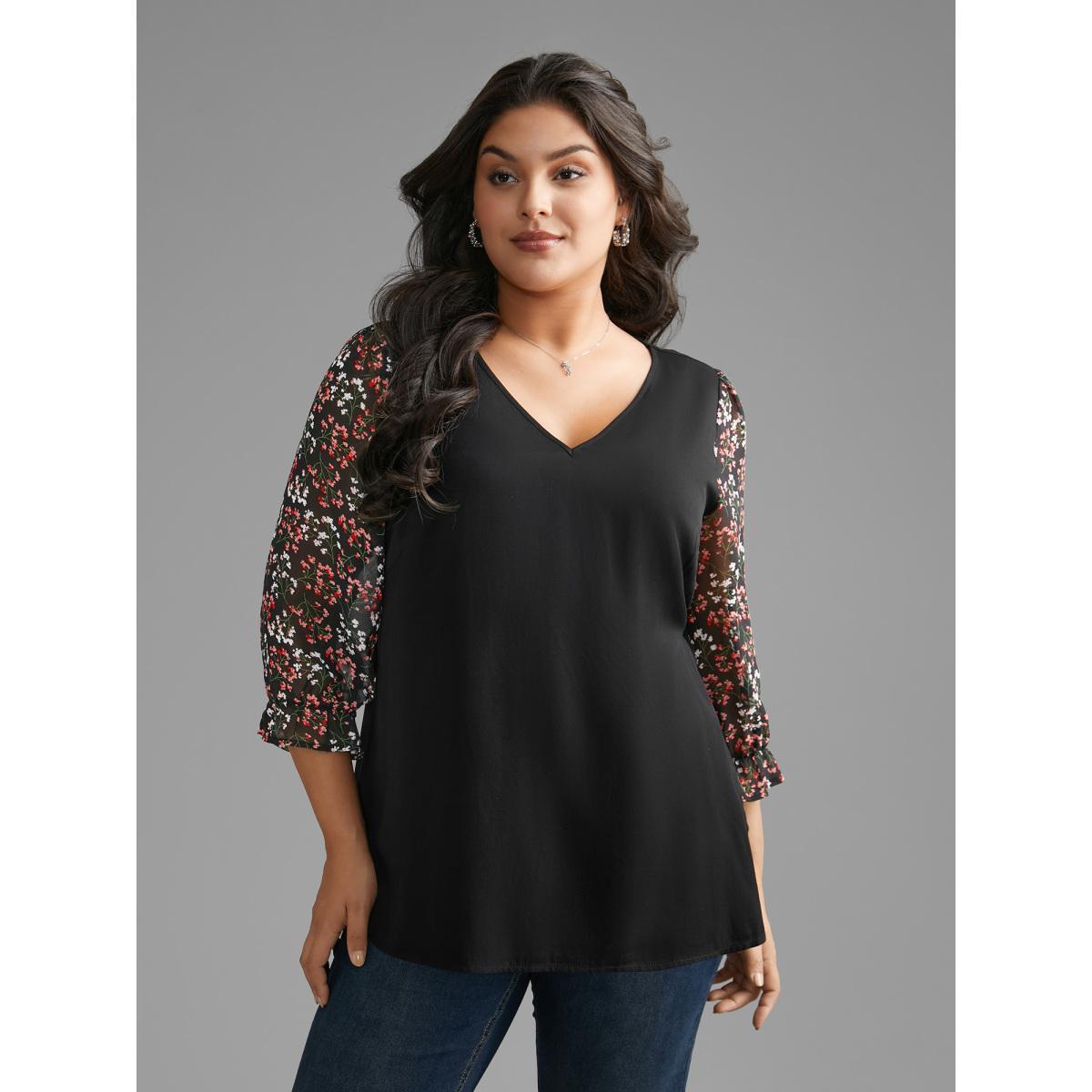 Plus Size Black V Neck Ditsy Floral Patchwork Blouse Women Elegant Elbow-length sleeve V-neck Everyday Blouses BloomChic 10/M Product Image