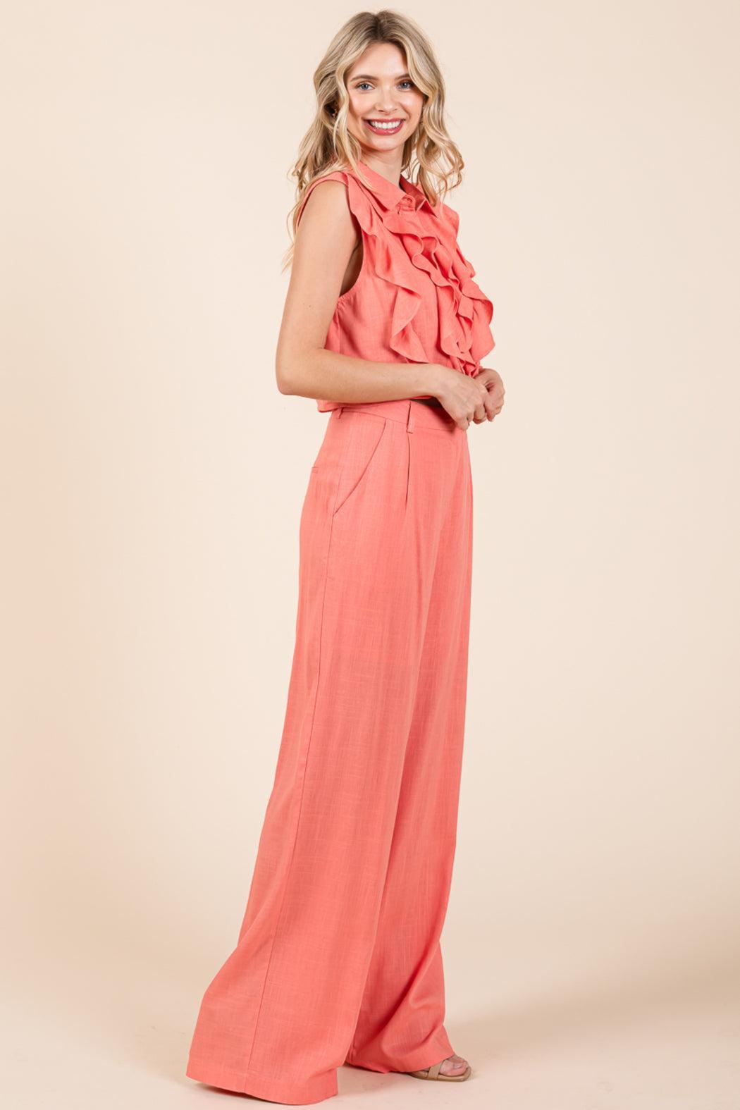 Two Piece Linen Ruffled Top And Wide Leg Pants Set Product Image