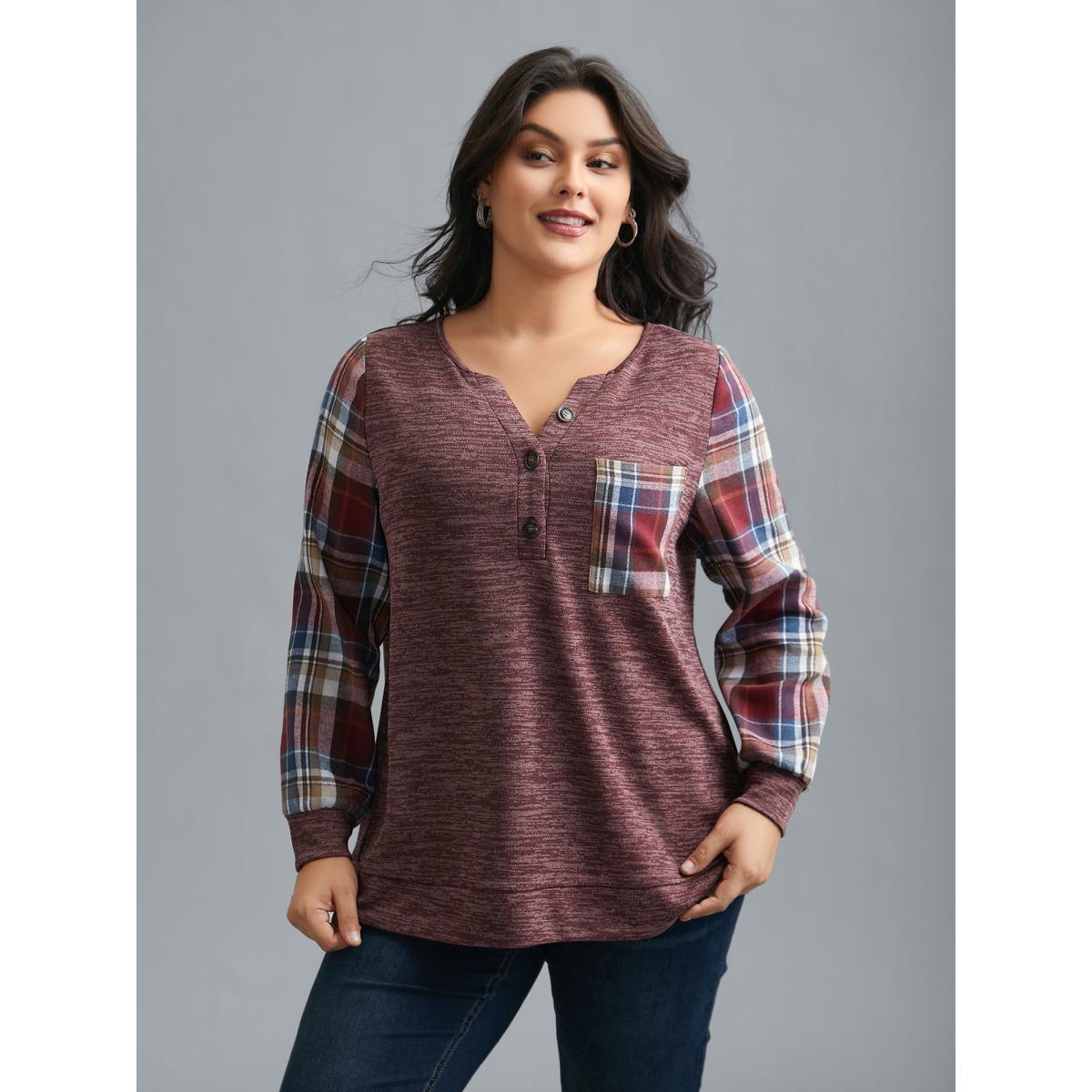 Plus Size Plaid Sleeve Button Up Patchwork Sweatshirt Women Burgundy Casual Contrast Notched collar Everyday Sweatshirts BloomChic 26/4X Product Image