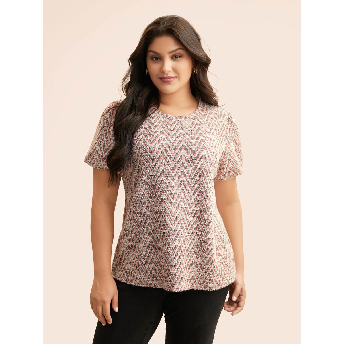 Plus Size Textured Round Neck Lantern Sleeve T-shirt Brightred Women Elegant Texture Round Neck Everyday T-shirts BloomChic 12/L Product Image