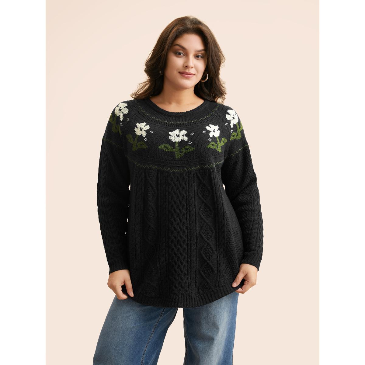 Plus Size Floral Jacquard Raglan Sleeve Pullover Black Women Leisure Long Sleeve Round Neck Casual Pullovers BloomChic 28/5X Product Image