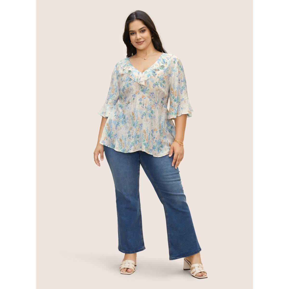 Plus Size LightBlue Floral Bell Sleeve Ruffle Trim Blouse Women Elegant Elbow-length sleeve V-neck Everyday Blouses BloomChic 28/5X Product Image