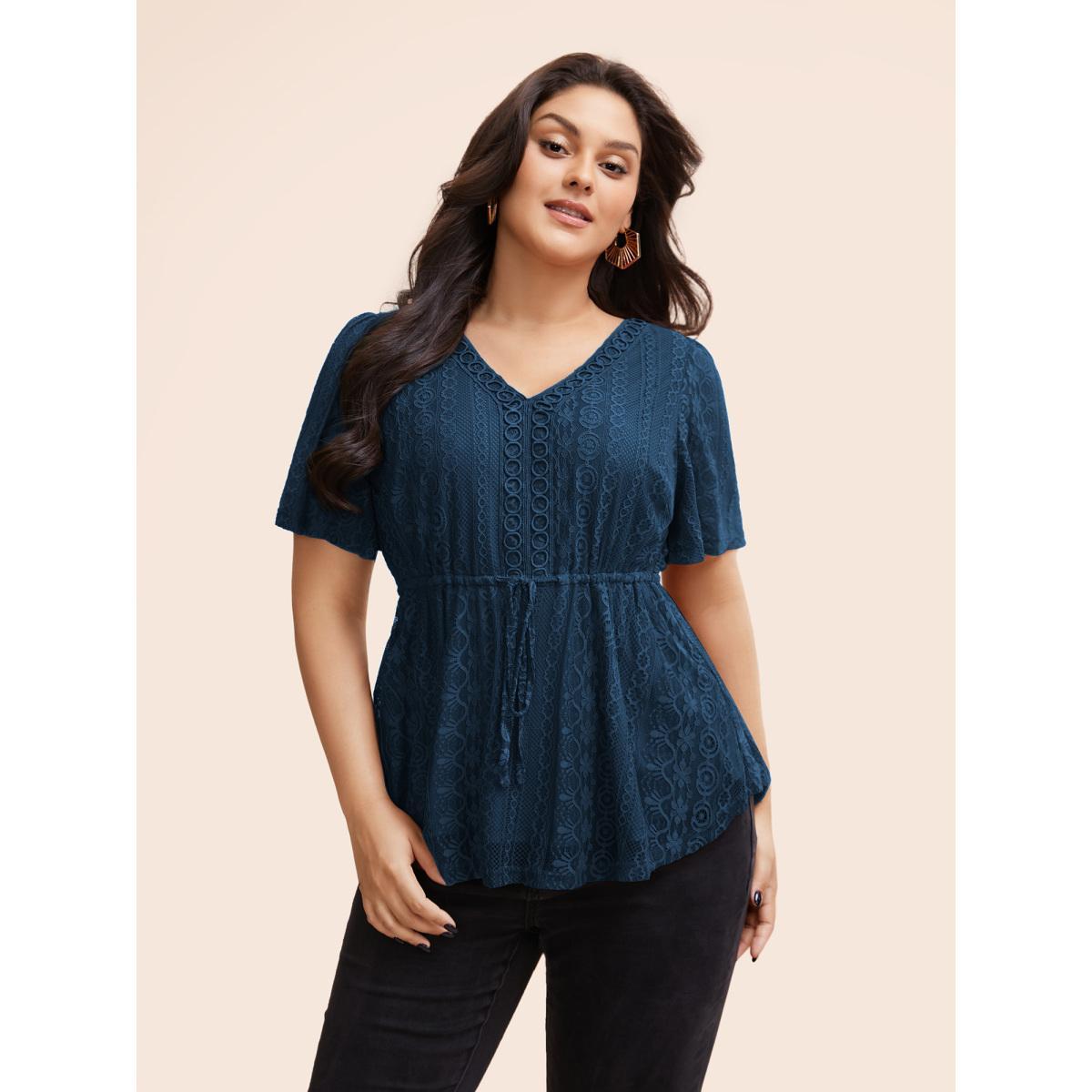 Plus Size DarkGreen V Neck Lace Panel Drawstring Blouse Women Romantic Short sleeve V-neck Elegant Blouses BloomChic 26/4X Product Image