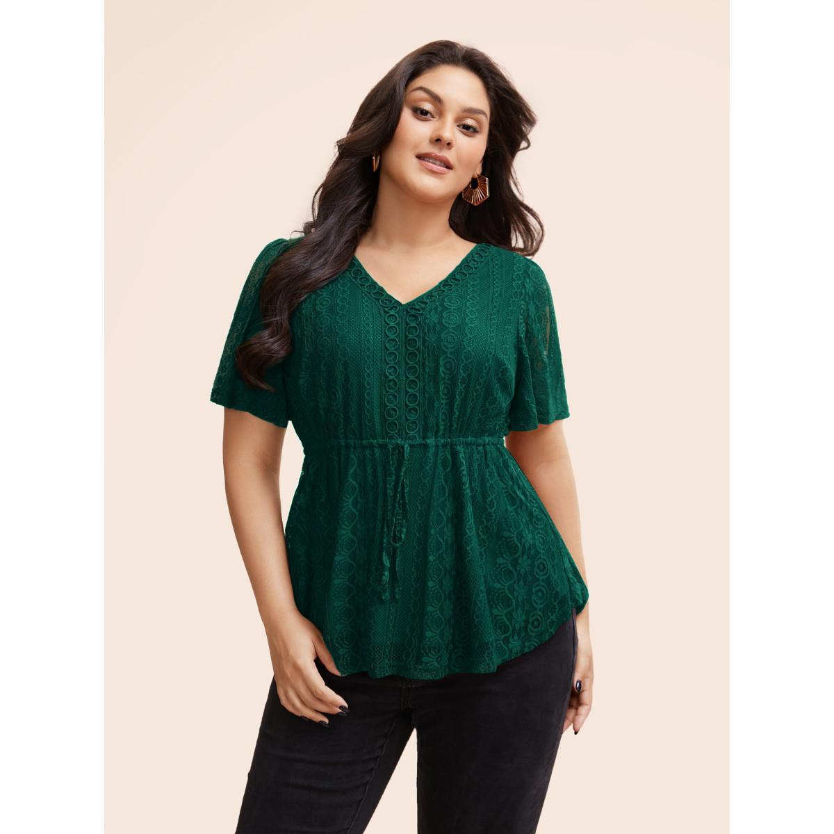 Plus Size DarkGreen V Neck Lace Panel Drawstring Blouse Women Romantic Short sleeve V-neck Elegant Blouses BloomChic 26/4X Product Image