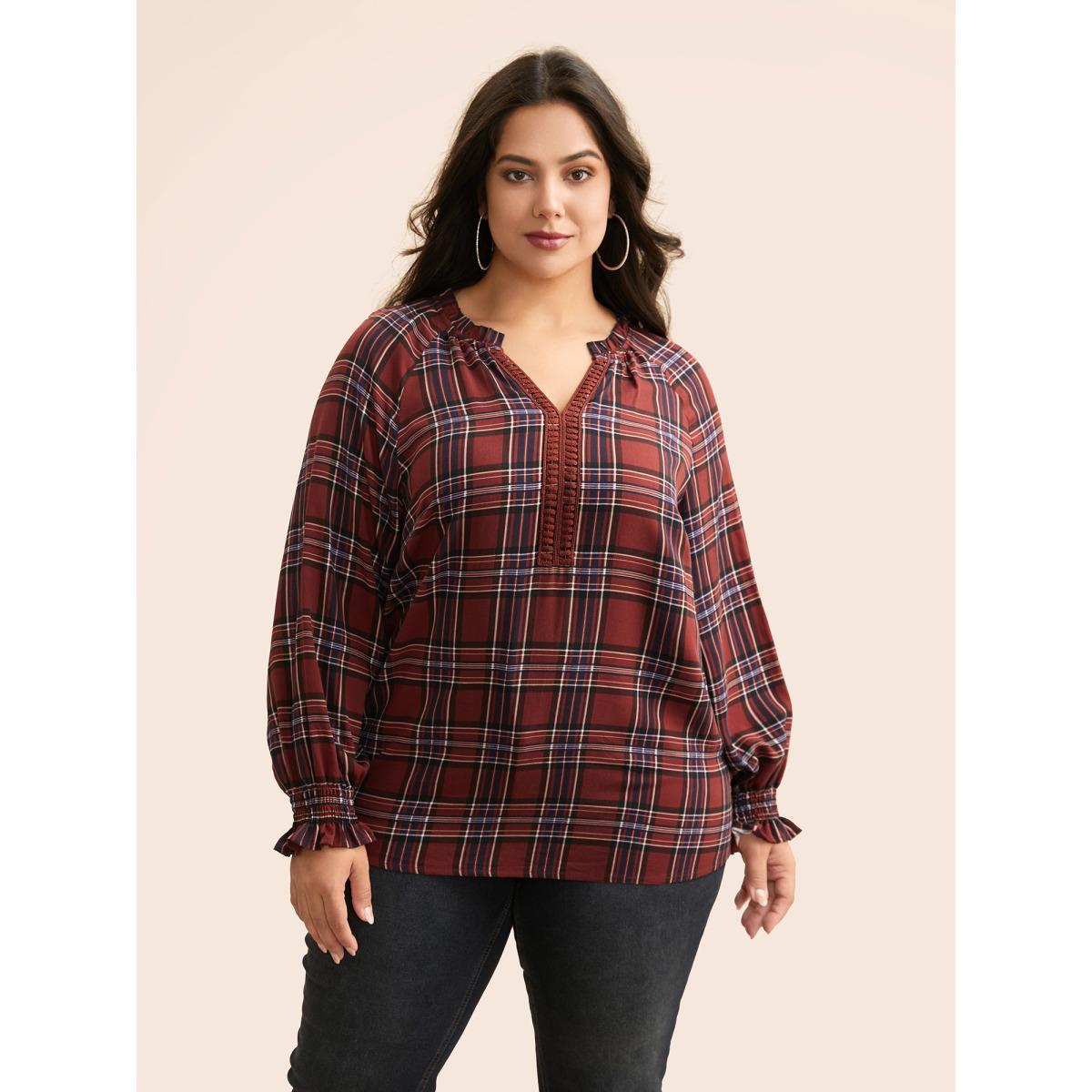 Plus Size Browncoffeecolor Plaid Contrast Webbing Ruffle Trim Blouse Women Elegant Long Sleeve Flat collar with V-notch Everyday Blouses BloomChic 12/L Product Image