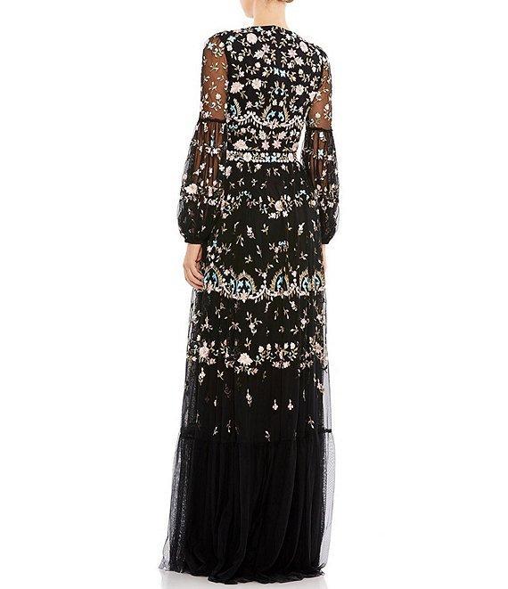 Mac Duggal Long Sheer Sleeve Crew Neck Floral Print Embroidered Tiered A-Line Gown Product Image