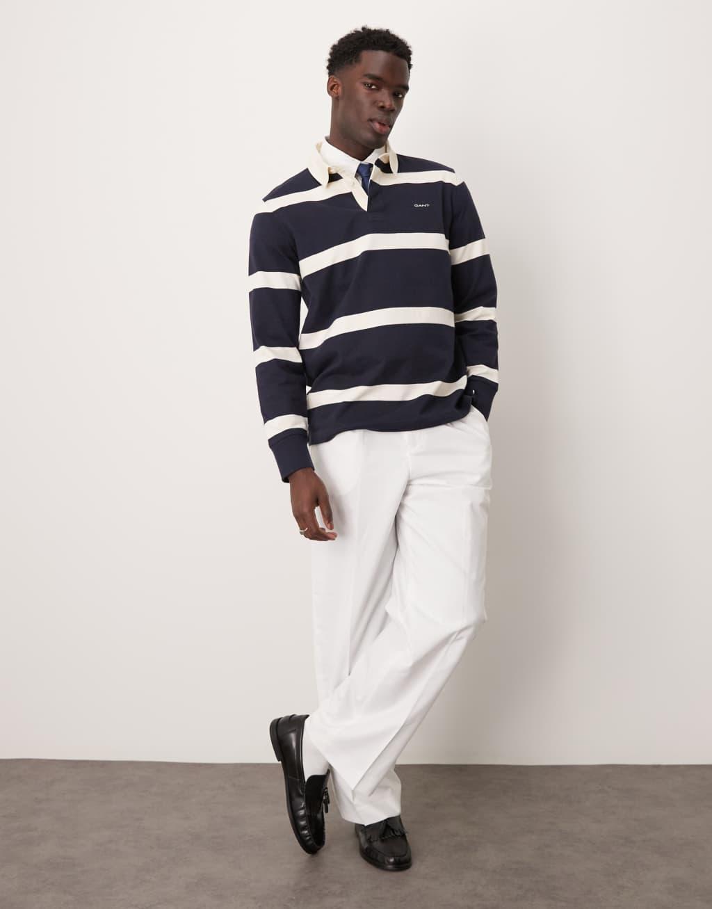 GANT striped logo rugby shirt in navy Product Image