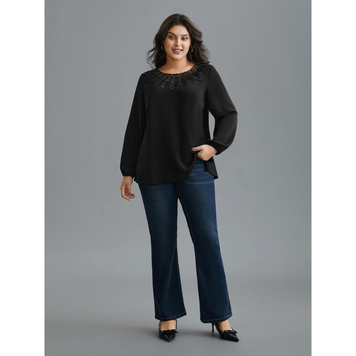 Plus Size Black Lace Trim Sheer Neckline Blouse Women Elegant Long Sleeve Round Neck Everyday Blouses BloomChic 26/4X Product Image