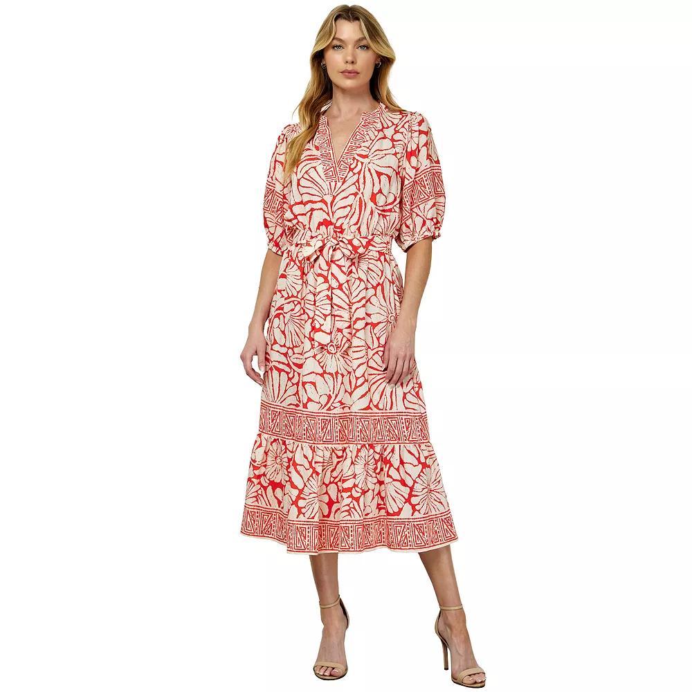 Women's Figueroa & Flower Printed Fit & Flare V-Neck Peasant Dress, Size: Medium, Ivory Orange Product Image