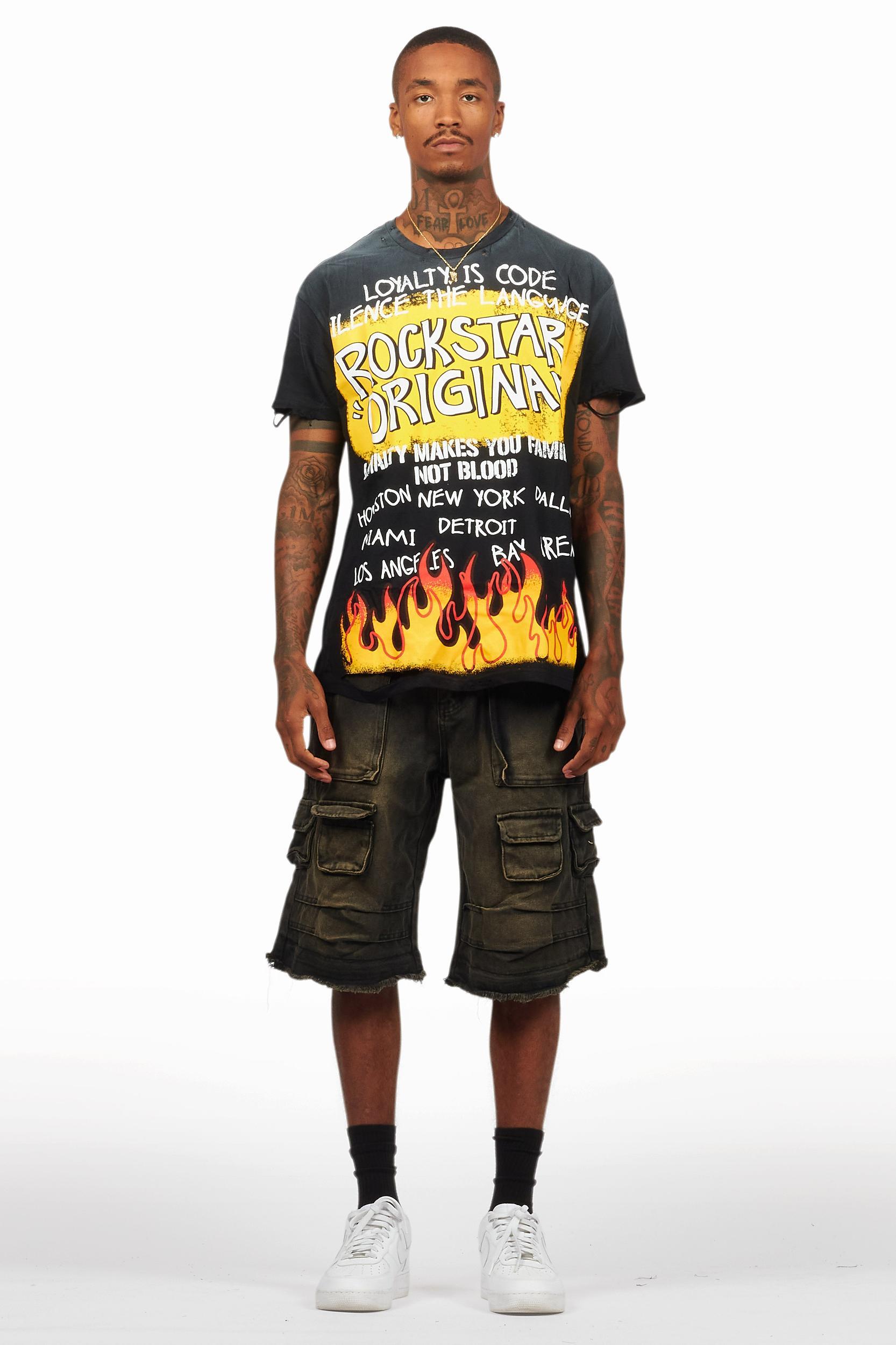 Beno Black/Yellow T-Shirt/Denim Short Set Male Product Image