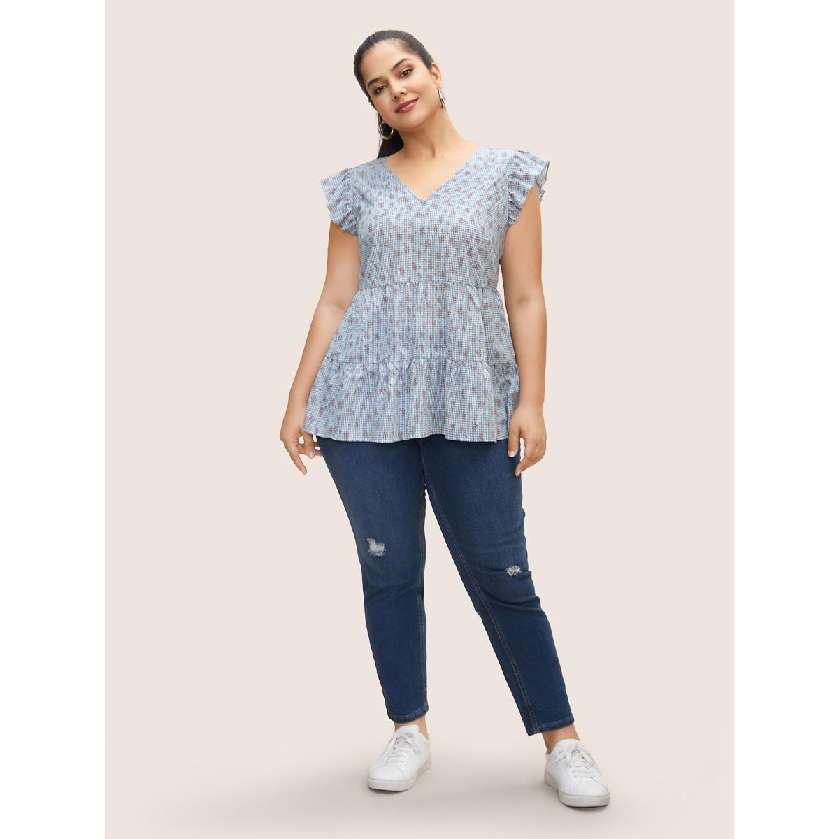 Plus Size LightBlue Gingham Ditsy Floral Ruffle Cap Sleeve Blouse Women Casual Cap Sleeve V-neck Everyday Blouses BloomChic 12/L Product Image