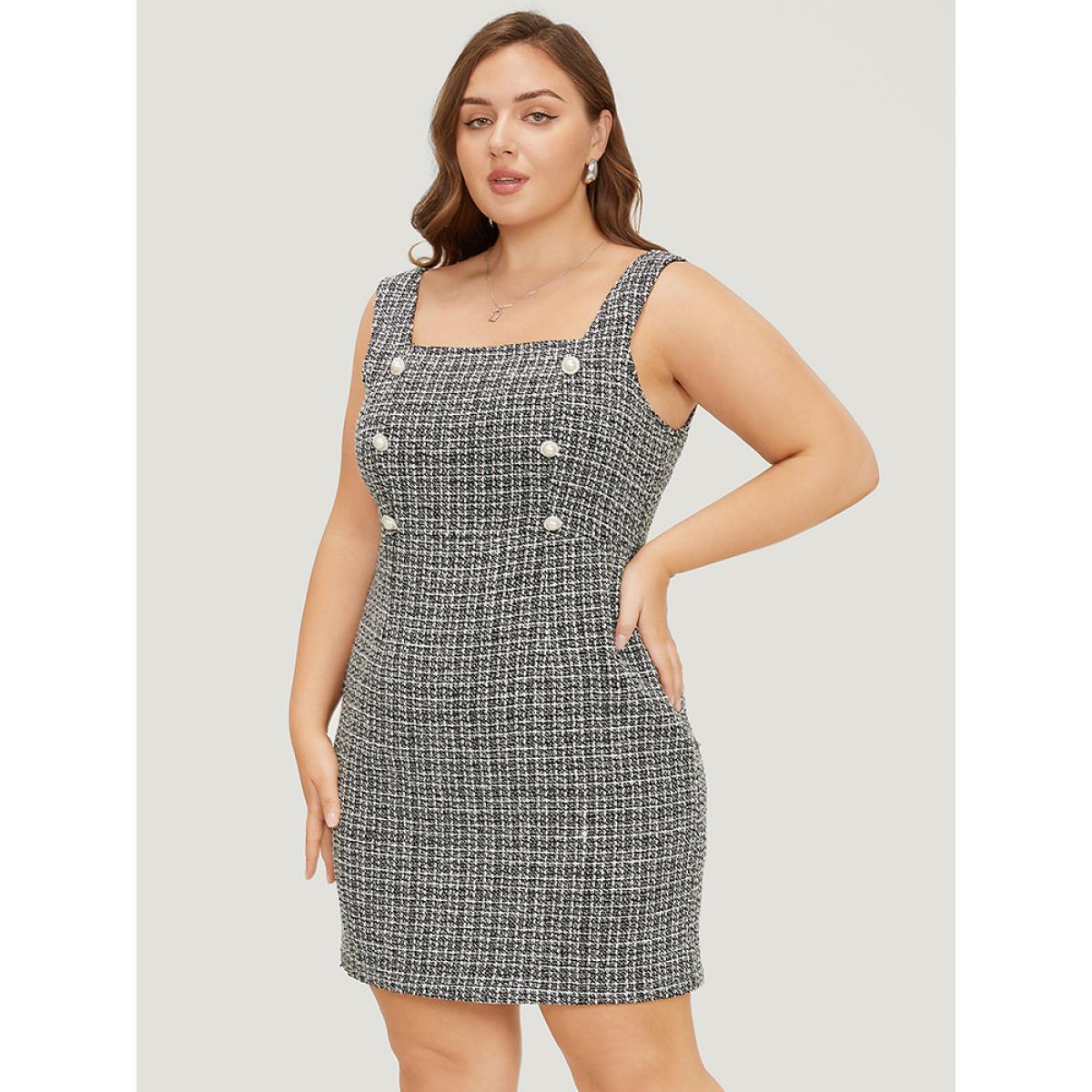 Plus Size Plaid Tweed Zipper Pearl Beaded Tank Dress Black Women Office Zipper Square Neck Sleeveless Curvy Short Dress BloomChic 22-24/3X Product Image