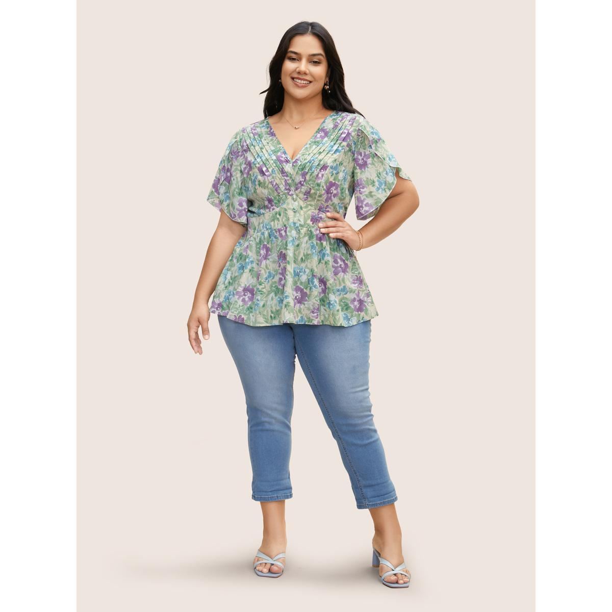 Plus Size Multicolor V Neck Floral Petal Sleeve Pleated Blouse Women Elegant Short sleeve V-neck Everyday Blouses BloomChic 18-20/2X Product Image