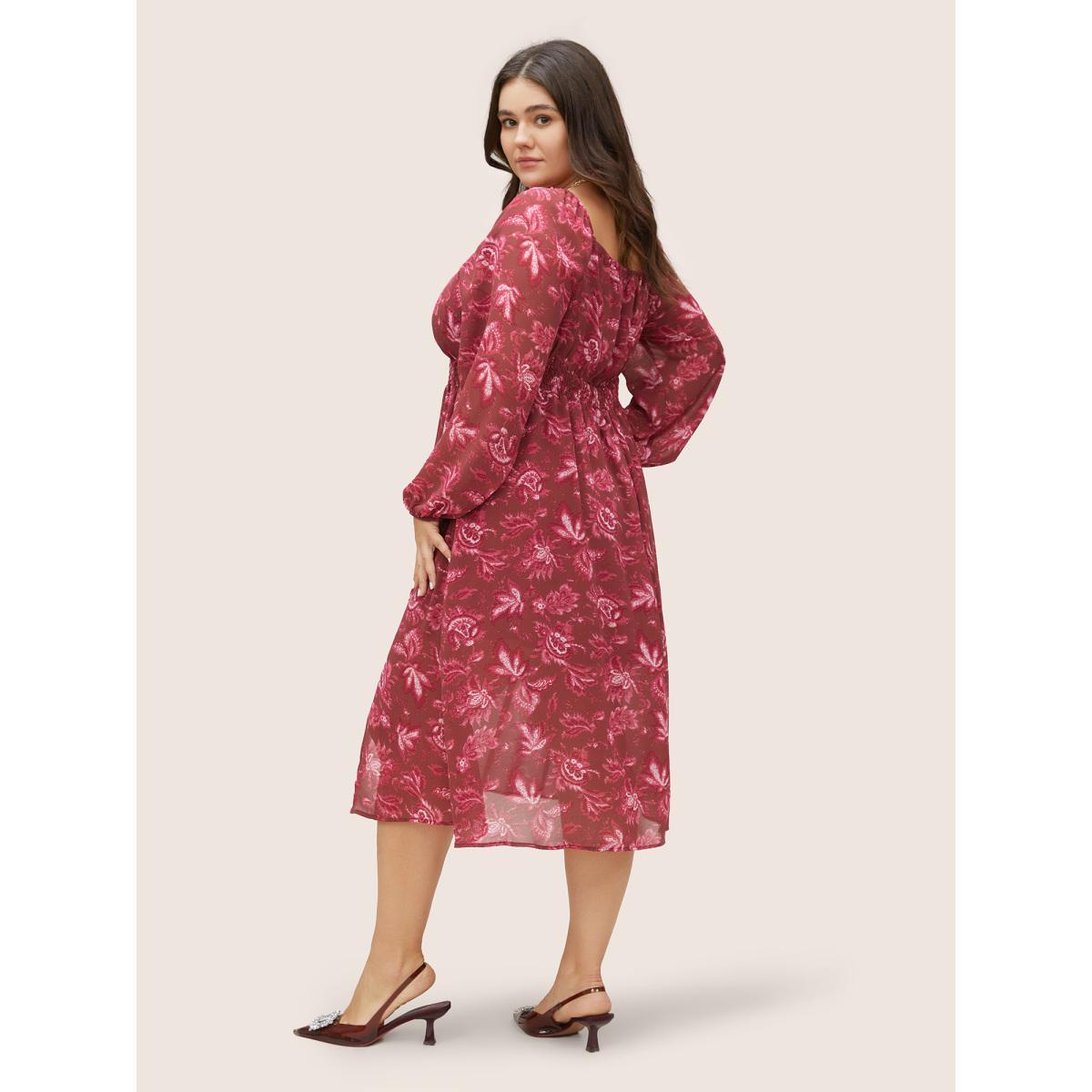 Plus Size Square Neck Floral Shirred Gathered Mesh Dress Russet Women Elegant See through Square Neck Long Sleeve Curvy Midi Dress BloomChic 12/L Product Image