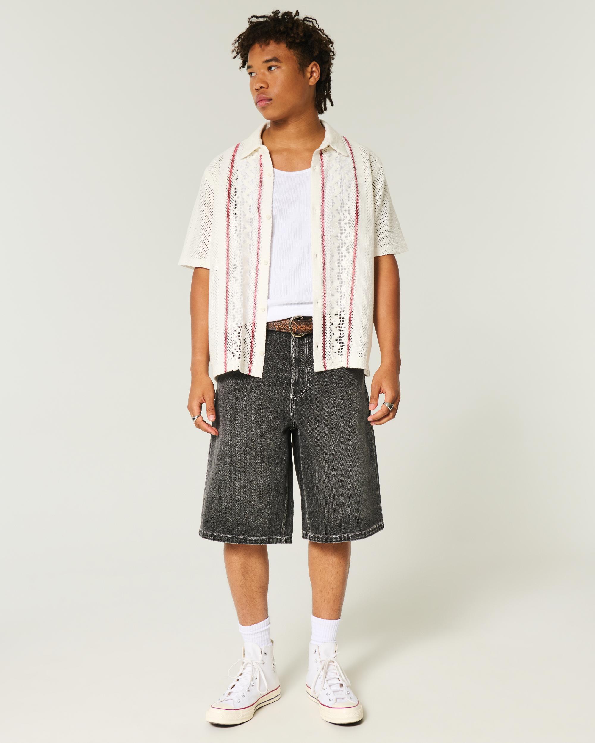 Boxy Short-Sleeve Crochet-Style Shirt Product Image