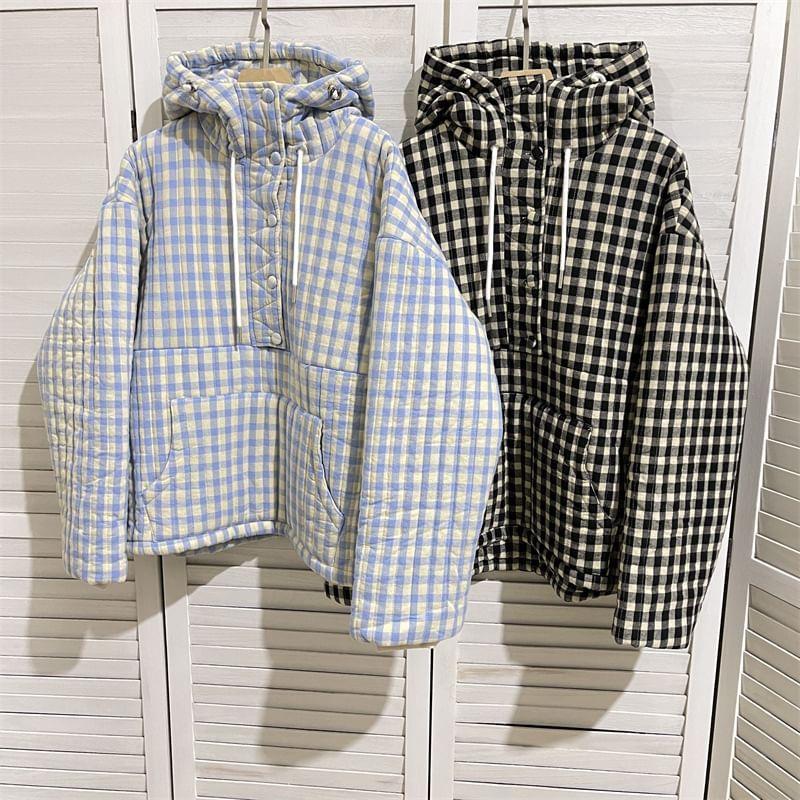 Drawstring Hooded Plaid Puffer Jacket Product Image