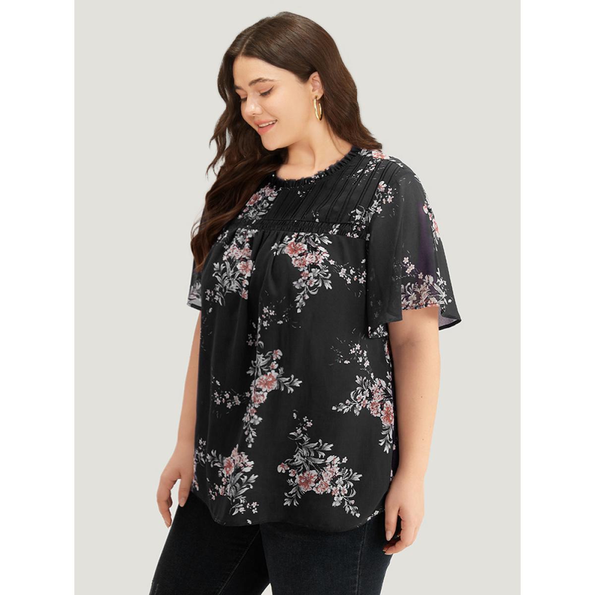 Plus Size Black Floral Print Frill Trim Shirred Flutter Sleeve Blouse Women Elegant Short sleeve Round Neck Dailywear Blouses BloomChic 28/5X Product Image