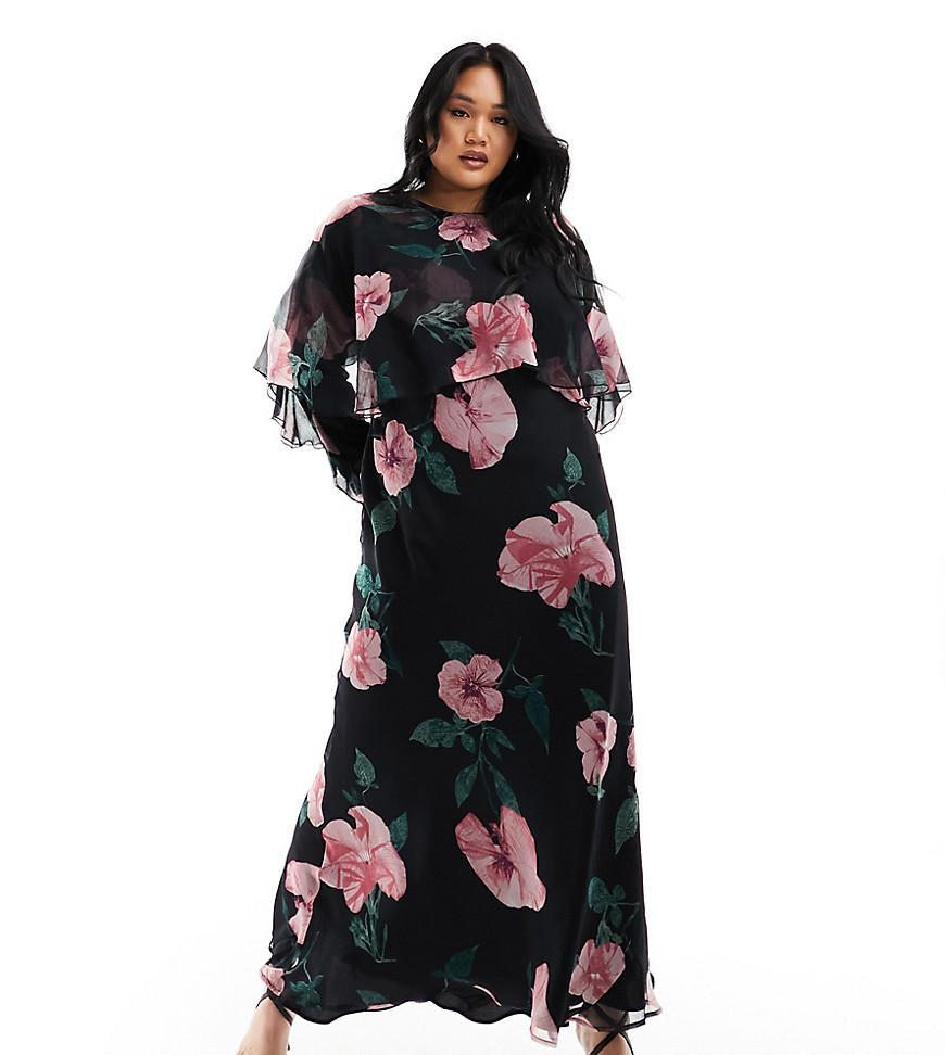 ASOS DESIGN Curve long sleeve ruffle bias maxi dress with cape detail Product Image