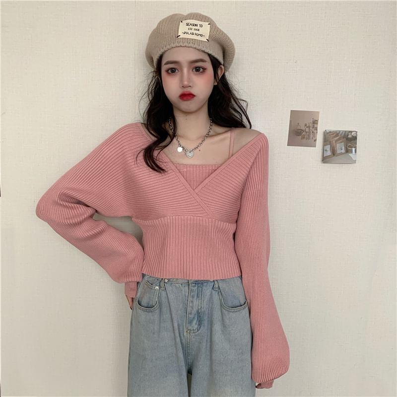 Long-Sleeve Mock Two-Piece Ribbed Knit Top Product Image