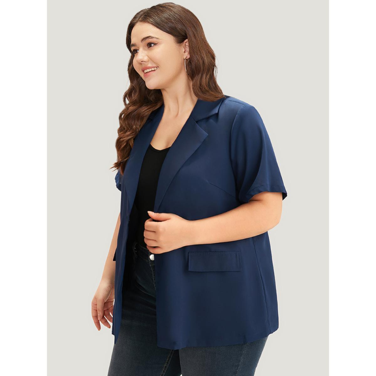 Plus Size Plain Button Through Flap Pocket Suit Collar Blazer Indigo Women Dailywear Plain Drape Sleeve Short sleeve Lapel Collar 14-16/1X Pocket Casual Blazers BloomChic Product Image